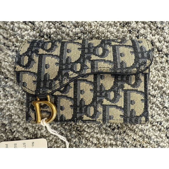 Christian Dior Canvas Oblique Saddle Wallet Navy/Beige Compact Design With Gold - Picture 1 of 10